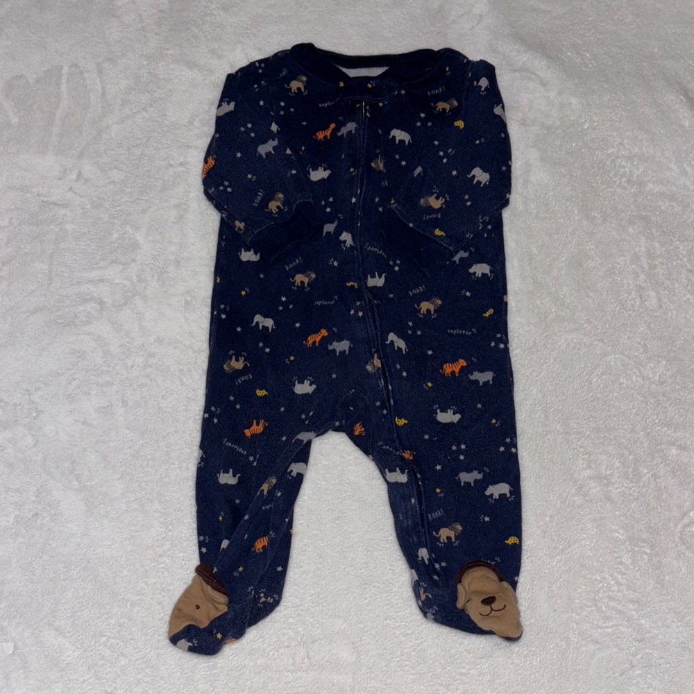 Carters Navy Blue Kids One Piece footie/ sleeper with Animal Print zip up